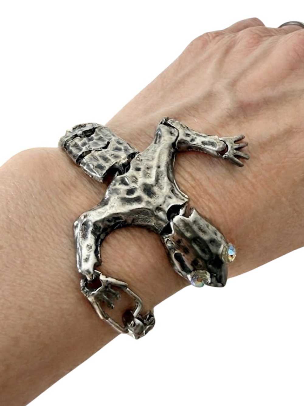 Silver Toned Hammered Pewter Lizard Bracelet Segmented Salamander Reptile Goth